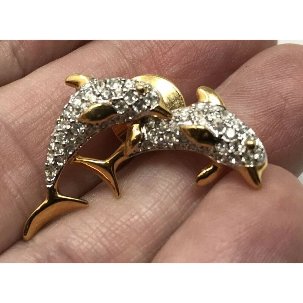 Swan Signed SWAROVSKI DOLPHIN Couple Pair Lapel Tack PIN BROOCH 1.25